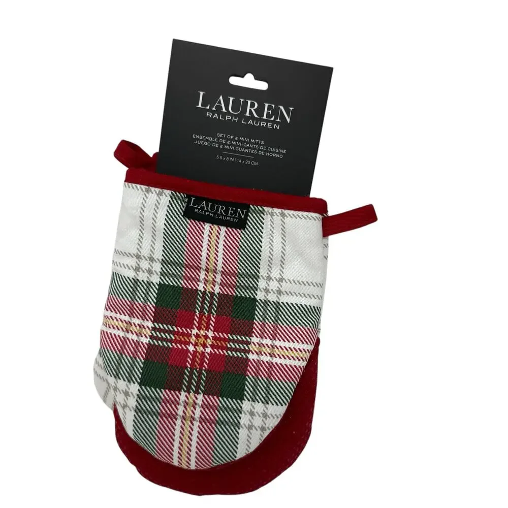 NWT Lauren Ralph Lauren Holiday Plaid Kitchen Set Mini Mitt & 2 Towels Christmas